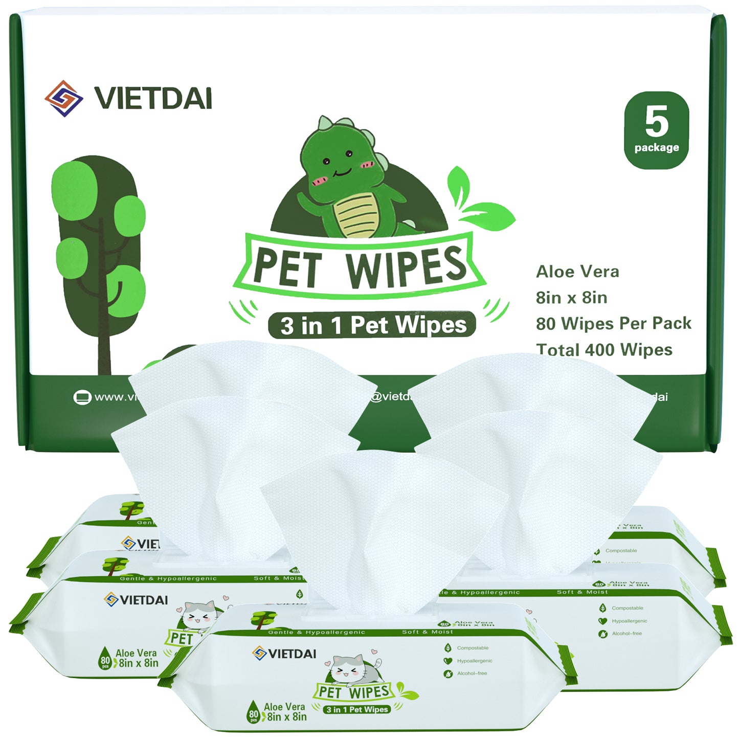Lingettes pour animaux VIETDAI - Paquet de 5 (400 comprimés)